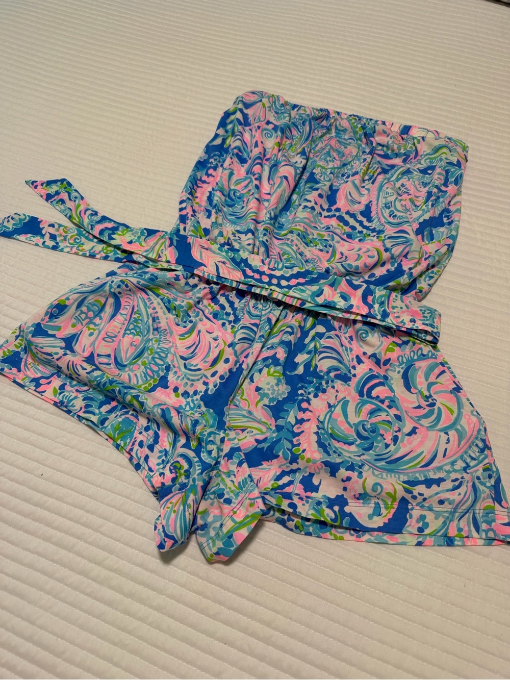 Floral Paisley Strapless Romper in Blue and Pink